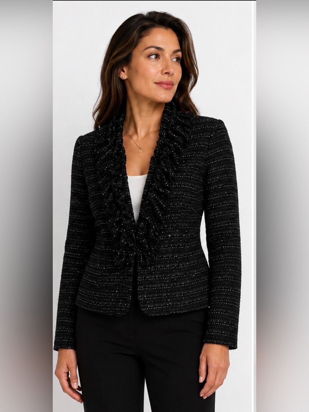 Peter Nygard Black Ruffle-Front Tweed Blazer